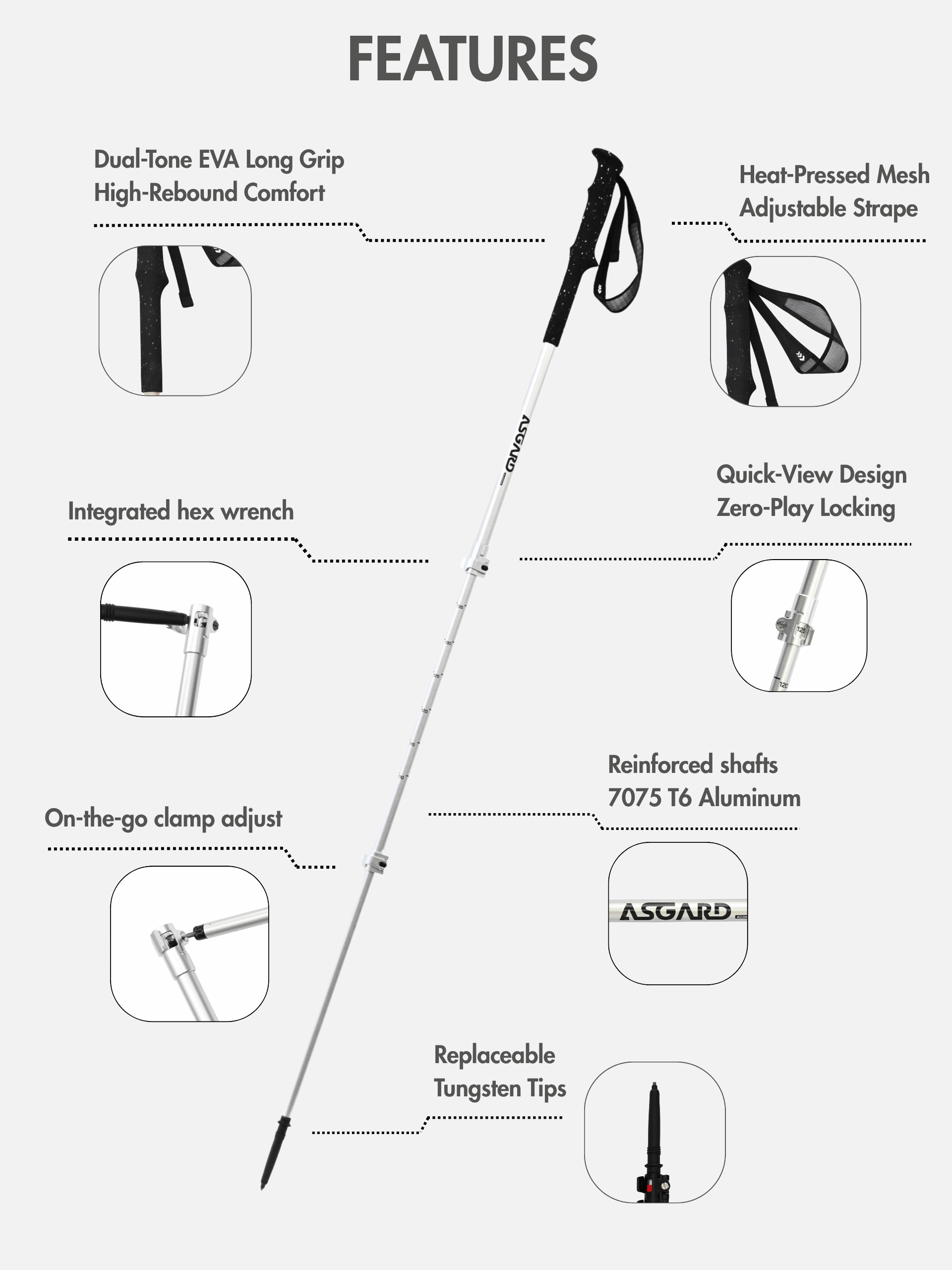 Asgard aluminum trekking pole feature diagram showing EVA grip, wrist strap, locks, shaft, and tungsten tip