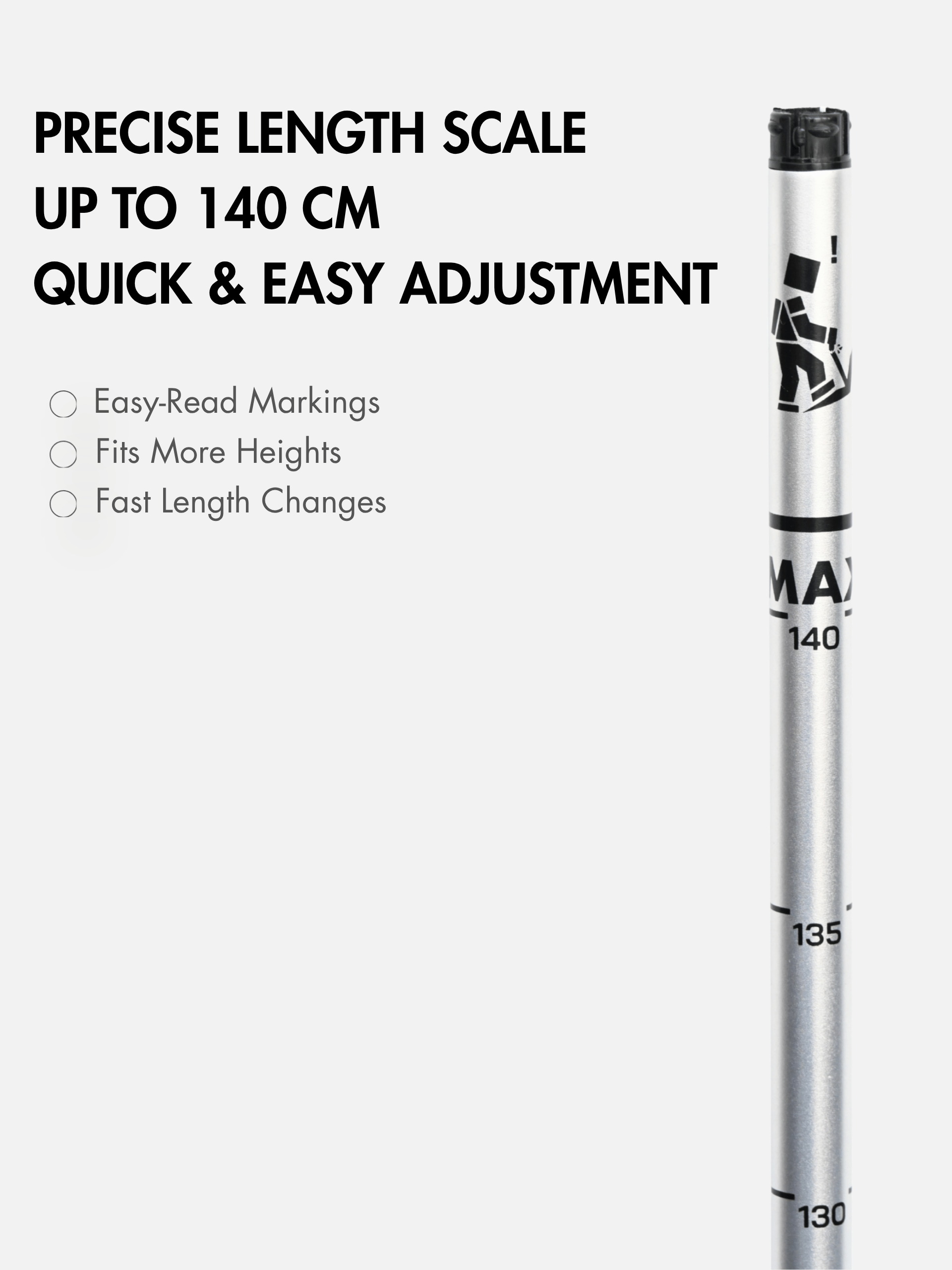 Asgard trekking pole length scale marked to 140 cm for quick height adjustment