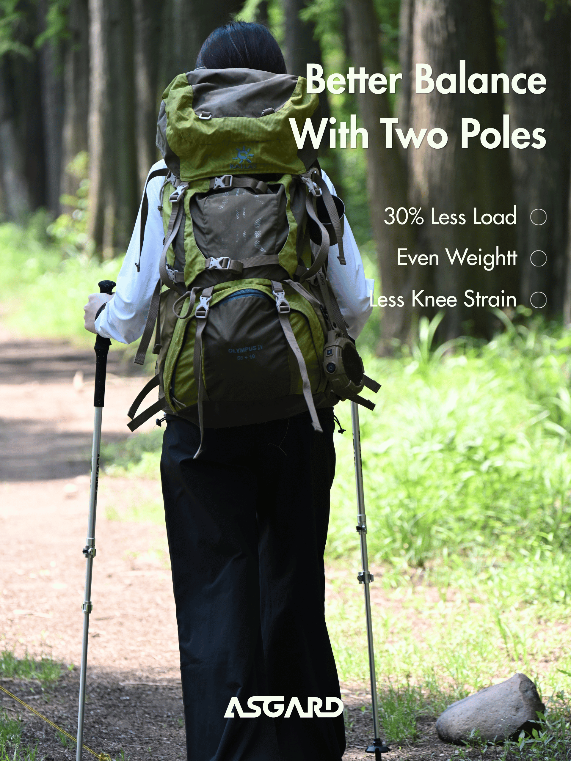 Backpacker hiking with two Asgard aluminum trekking poles on a wooded trail