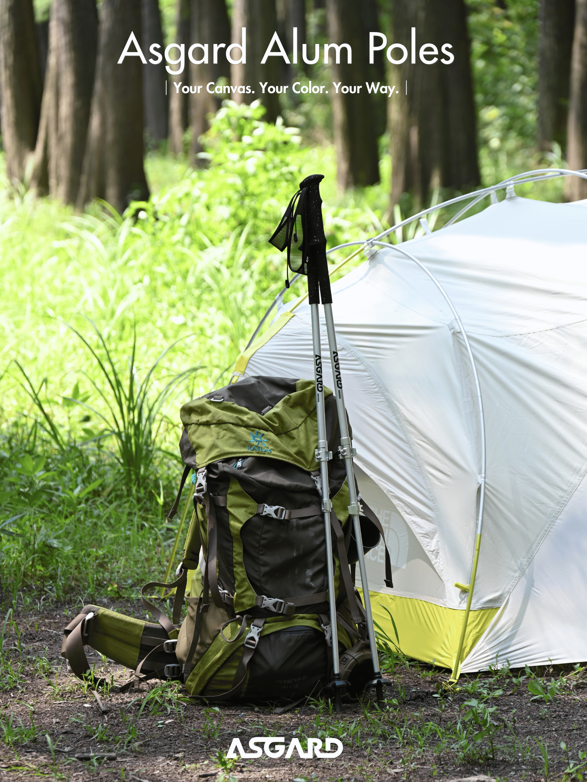 Asgard aluminum trekking poles beside a backpack and tent at a forest campsite