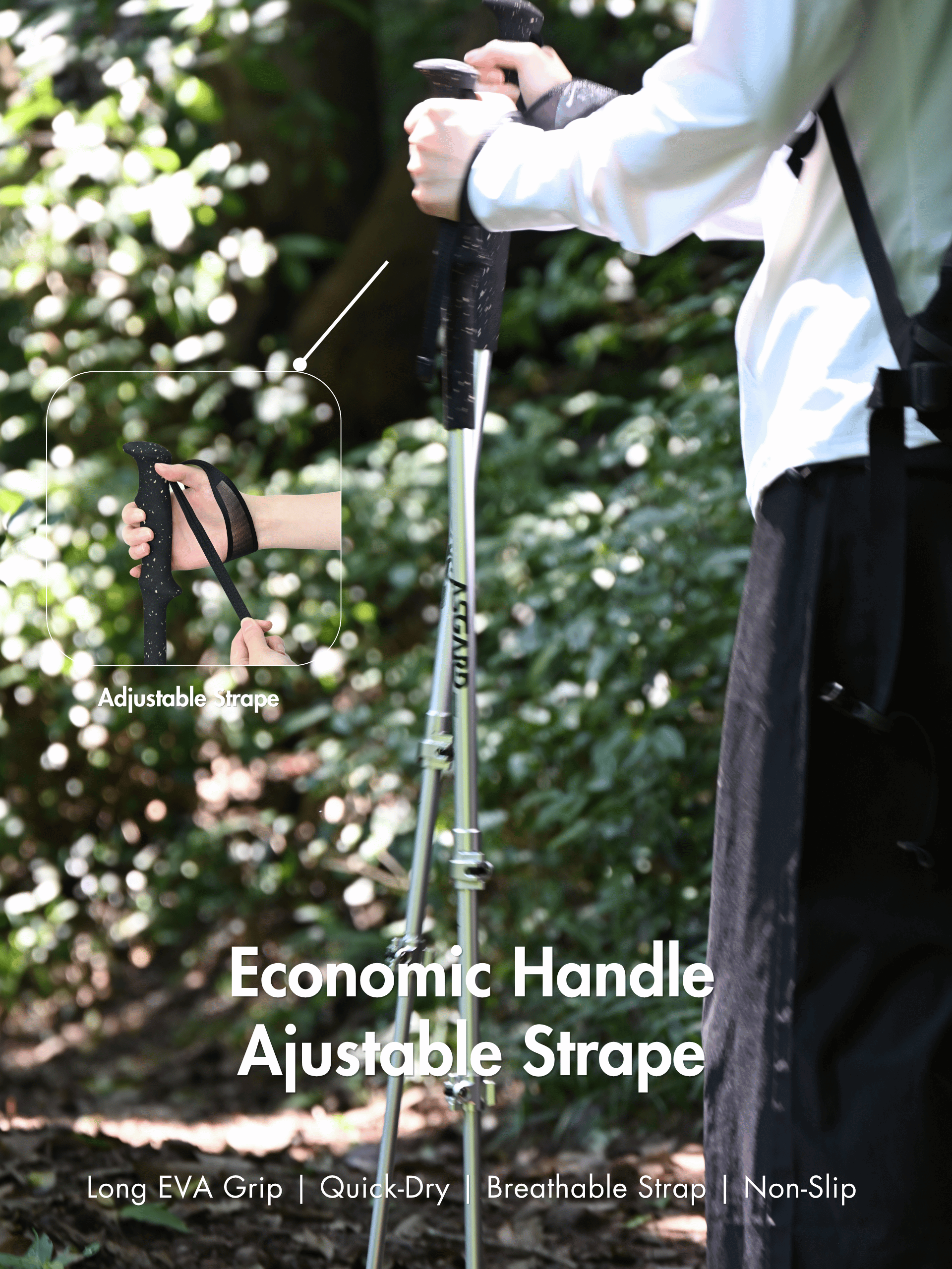 Hiker holding Asgard aluminum trekking poles with long EVA grips and adjustable wrist straps
