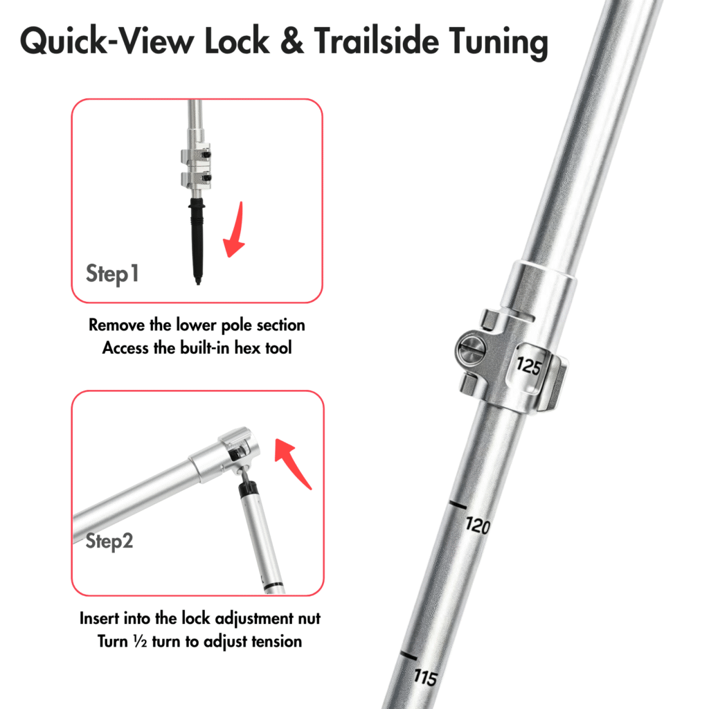 Two-step guide for adjusting Asgard trekking pole lock tension with the built-in hex tool