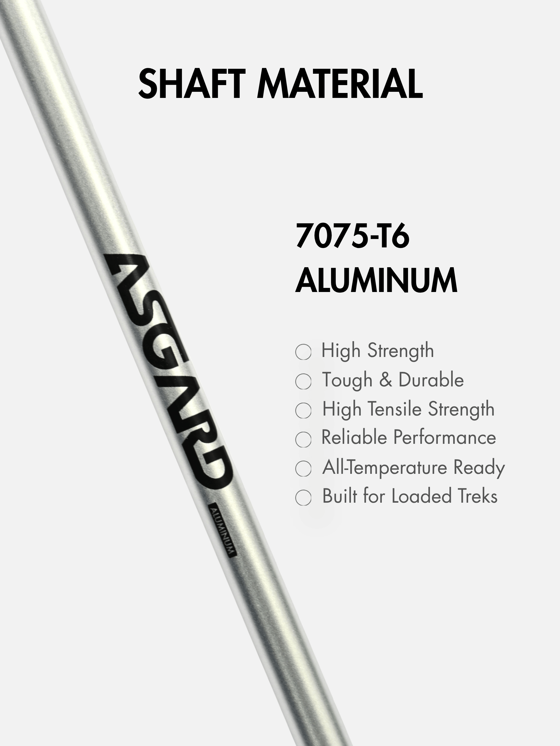Asgard trekking pole 7075-T6 aluminum shaft close-up with material features listed