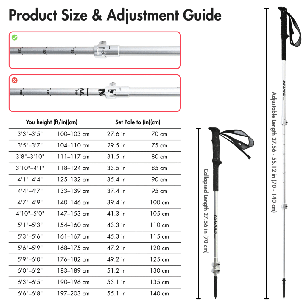 Asgard trekking pole size chart matching user height to adjustable lengths from 70 to 140 cm