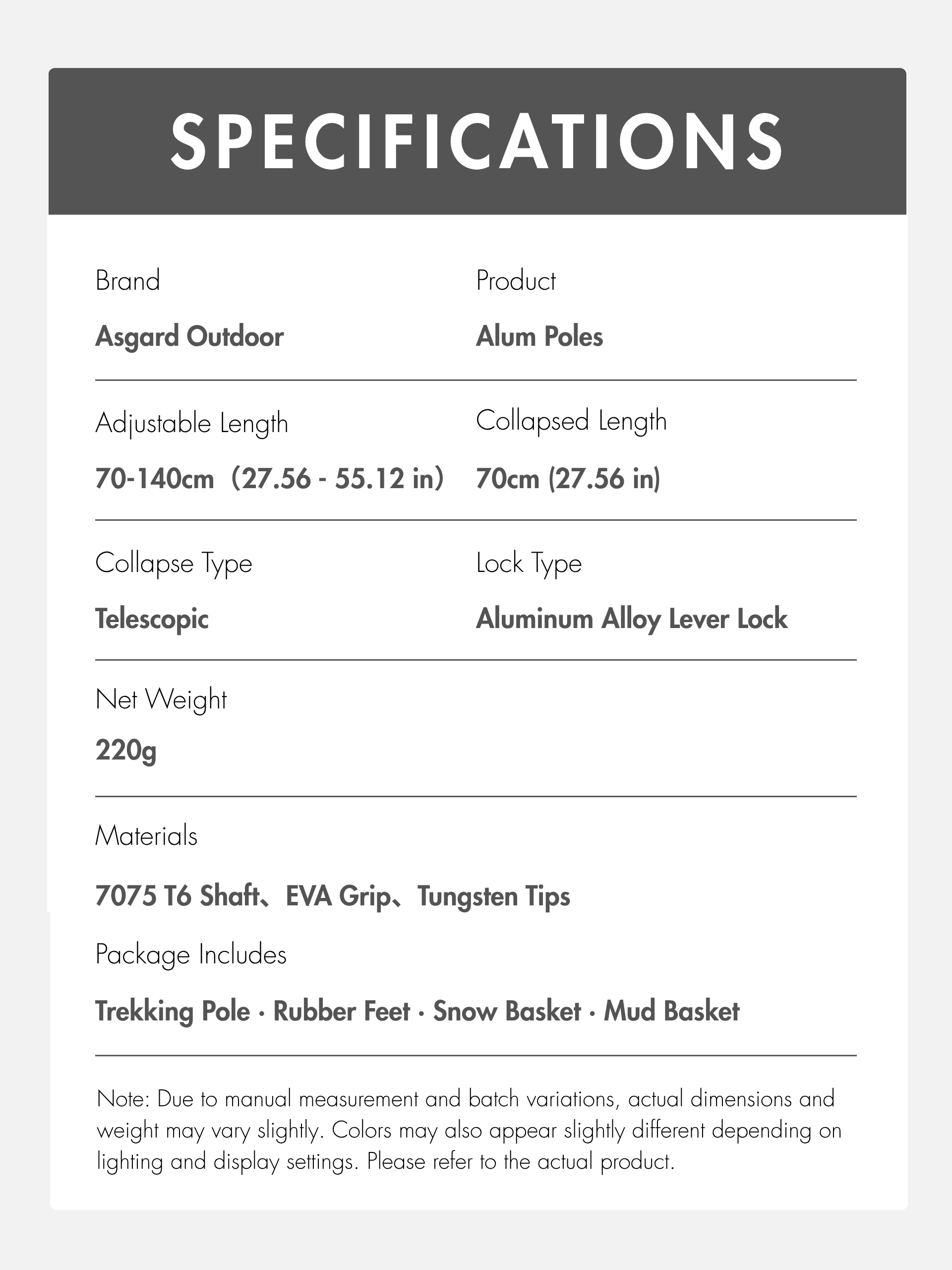 Asgard aluminum trekking pole specification chart with length, weight, materials, and included accessories