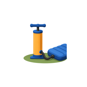 Blue and orange hand air pump connected to an inflatable sleeping pad