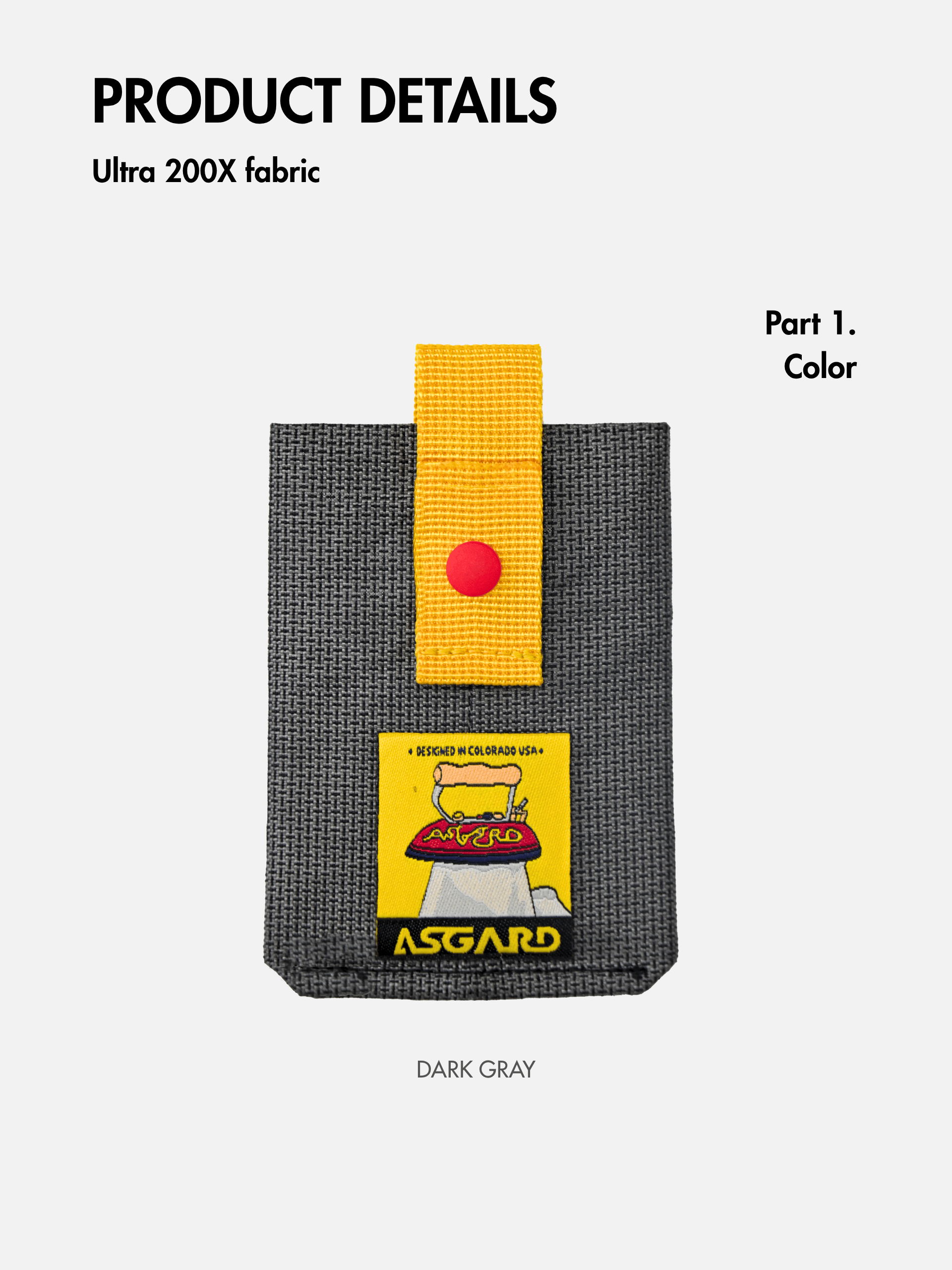 Front detail graphic of the dark gray Asgard card holder with its yellow strap, red snap and logo patch.