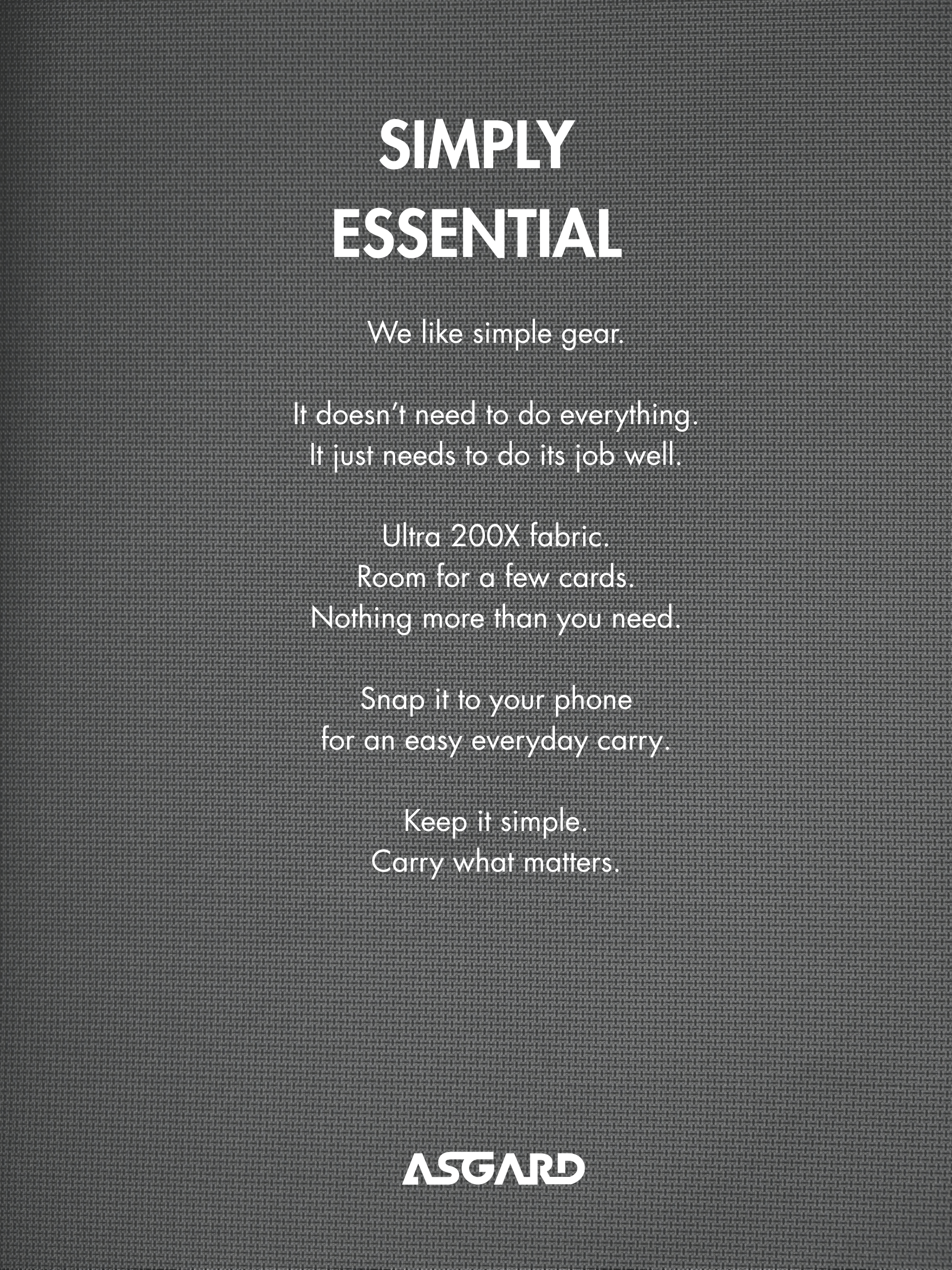 Card holder story poster on gray woven fabric, with “Simply essential” and “Keep it simple. Carry what matters.”