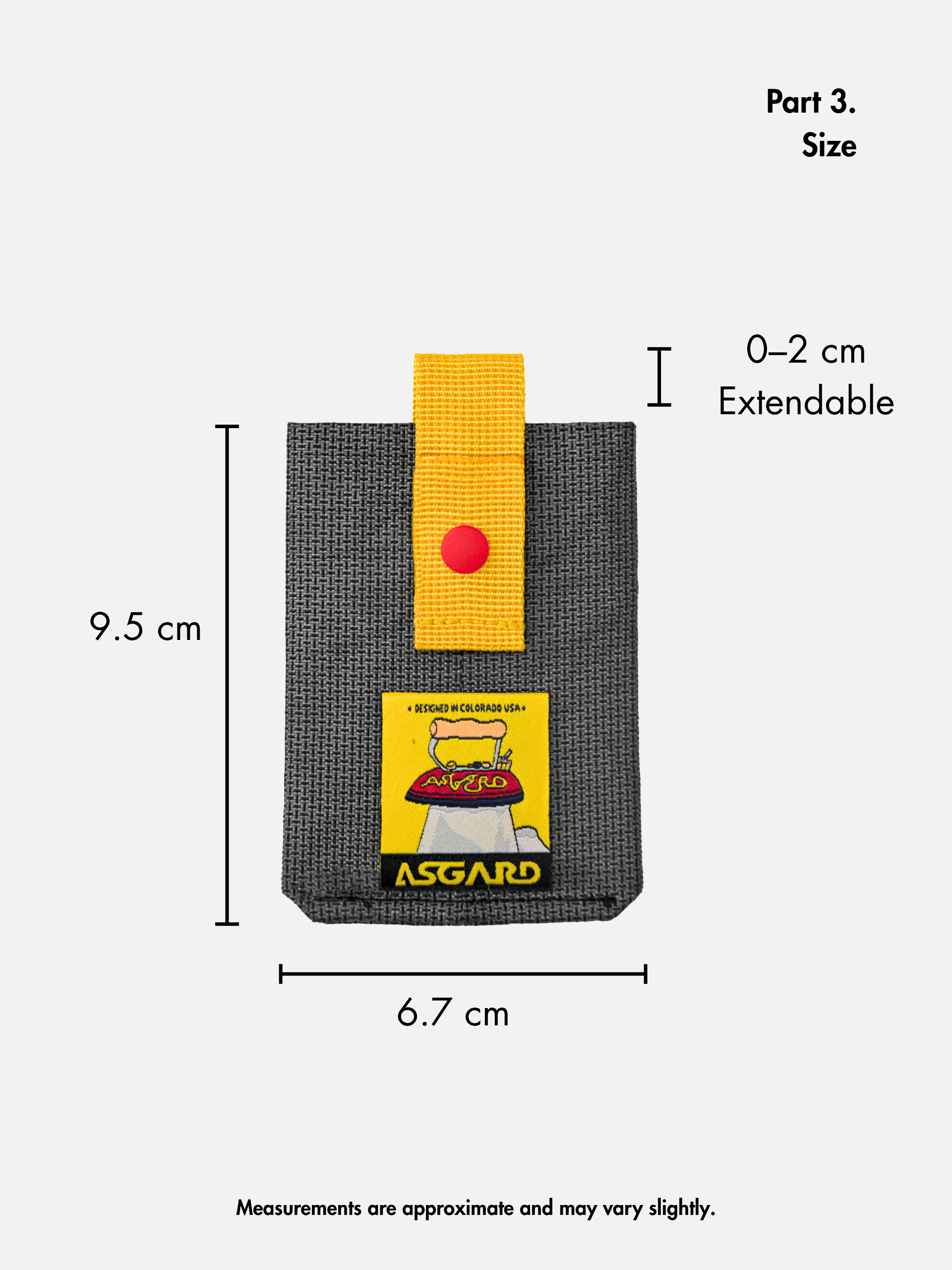 Vertical size guide showing a 6.7 × 9.5 cm card holder and 0–2 cm of strap extension above it.