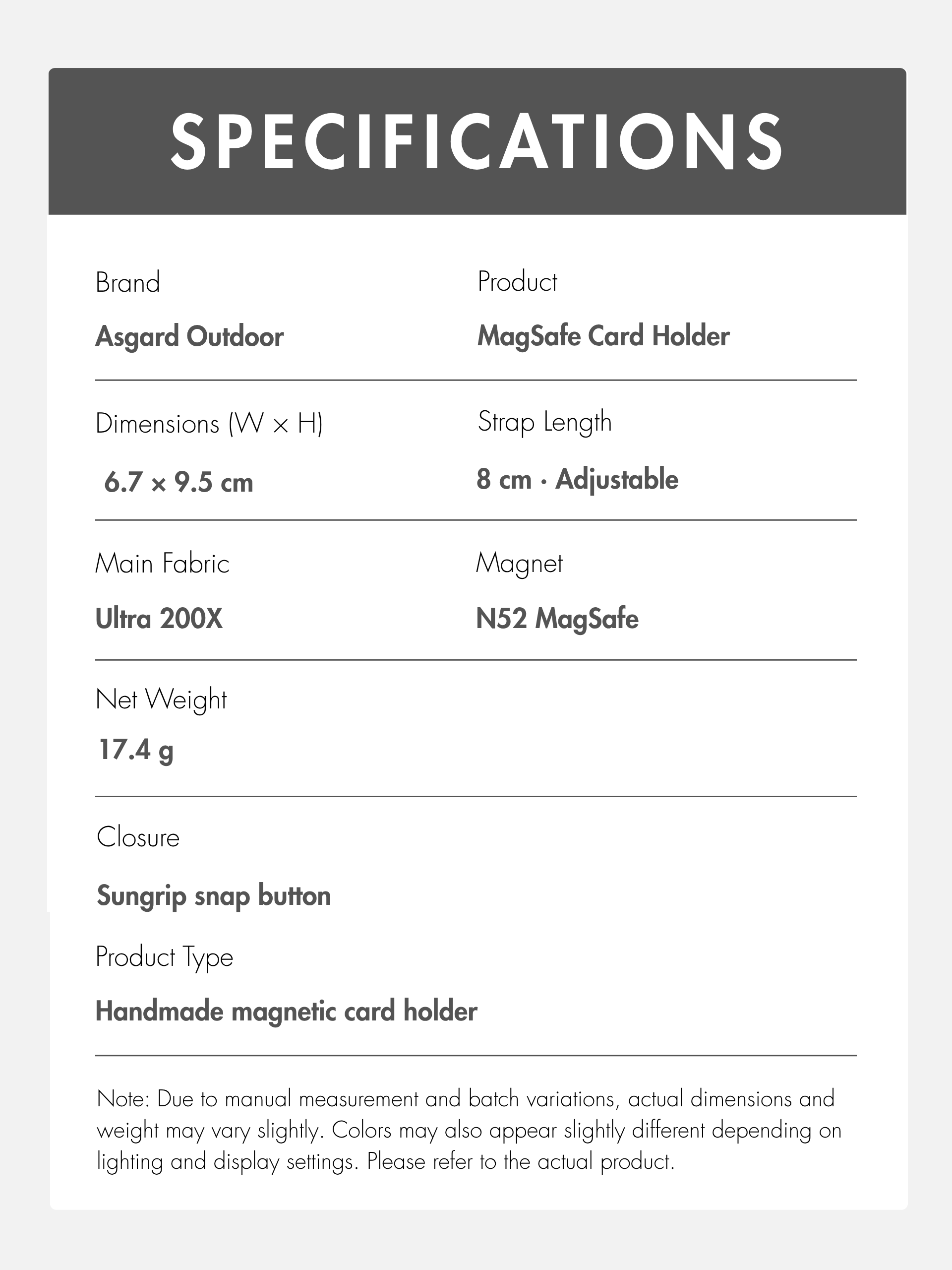 Card holder specifications: 6.7 × 9.5 cm, 17.4 g, 8 cm adjustable strap, Ultra 200X fabric, N52 MagSafe magnet and Sungrip snap.