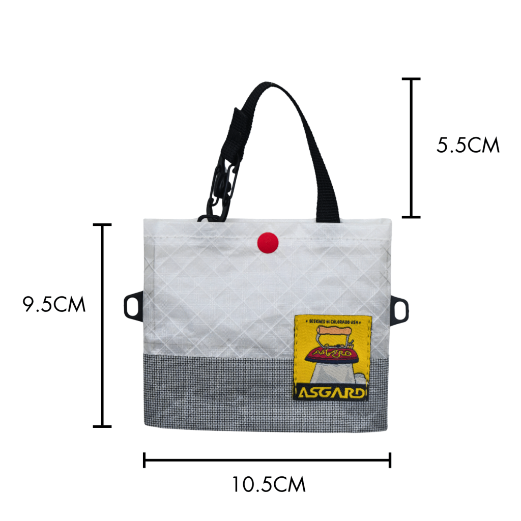 Mini tote dimension diagram showing 10.5 cm width, 9.5 cm body height and 5.5 cm handle rise.