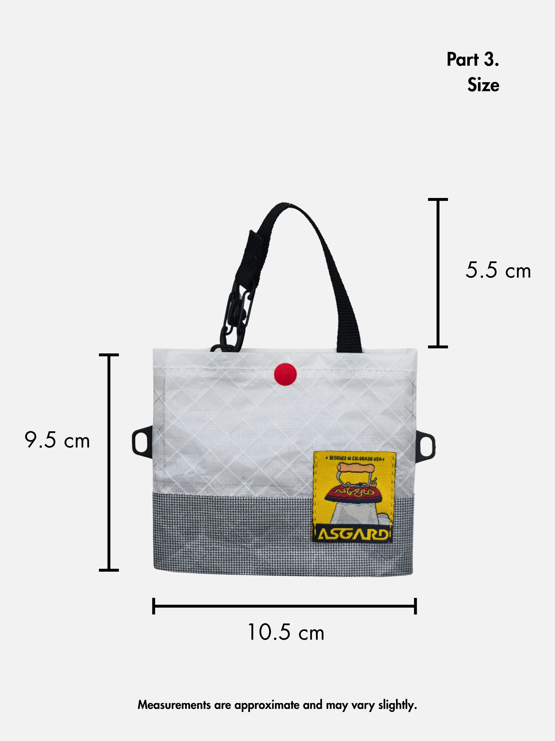 Vertical size guide for the mini tote: 10.5 cm wide, 9.5 cm tall, with handles rising 5.5 cm above the bag.