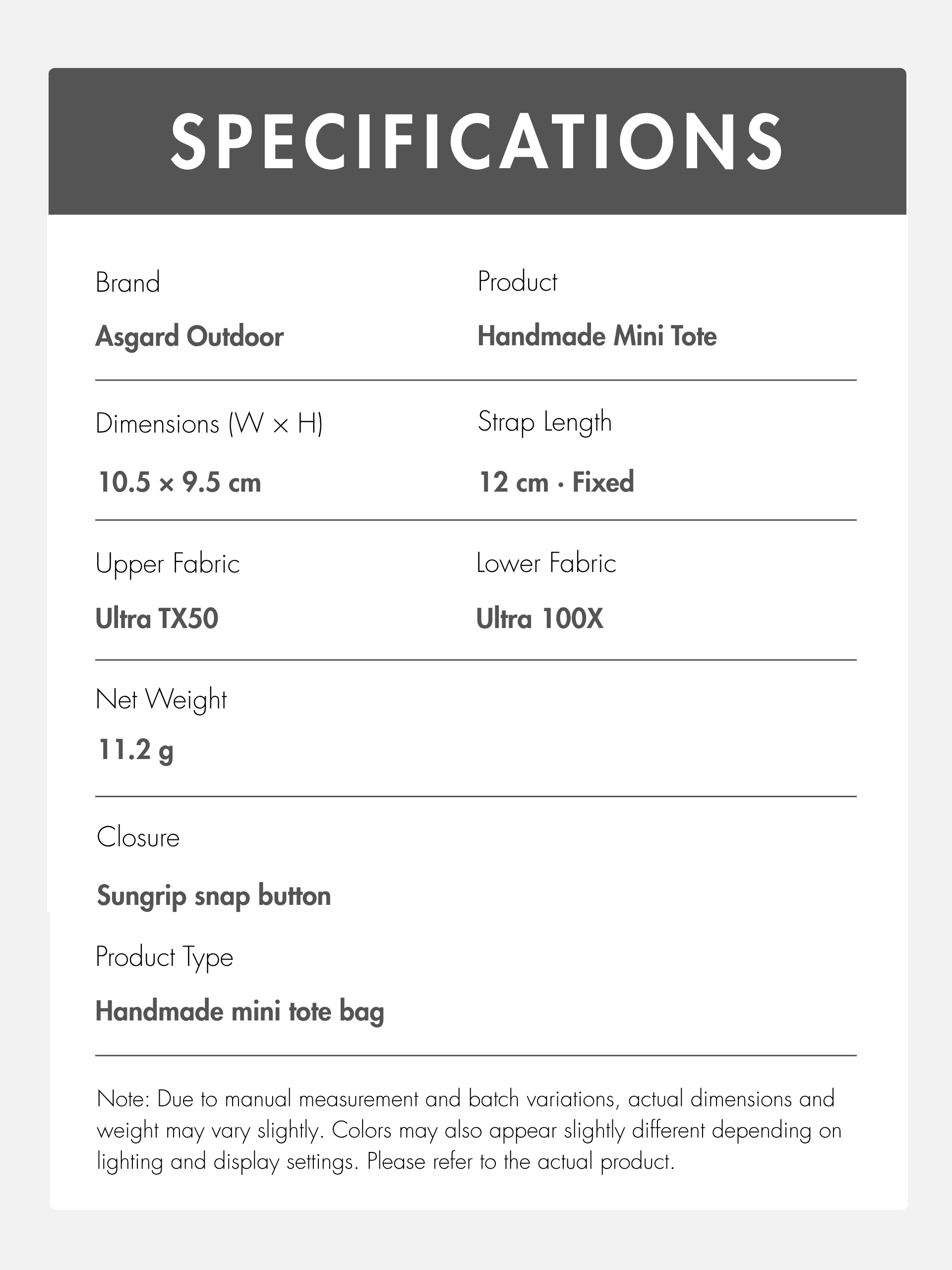 Mini tote specifications: 10.5 × 9.5 cm, 12 cm fixed strap, 11.2 g, Ultra TX50 and Ultra 100X fabrics, Sungrip snap.