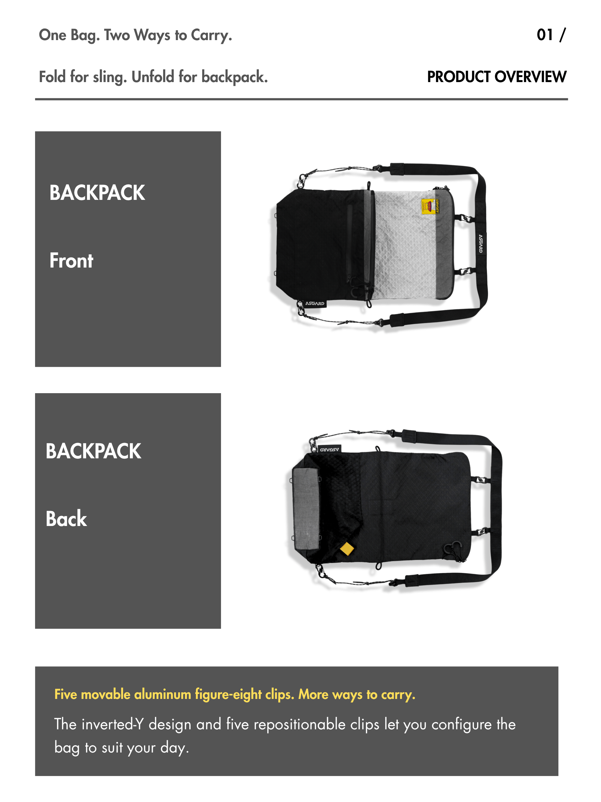 Front and back views of the Asgard Versa Bag unfolded into up to 5L backpack mode, with five repositionable figure-eight clips; one of two wearable configurations, plus bike carry.