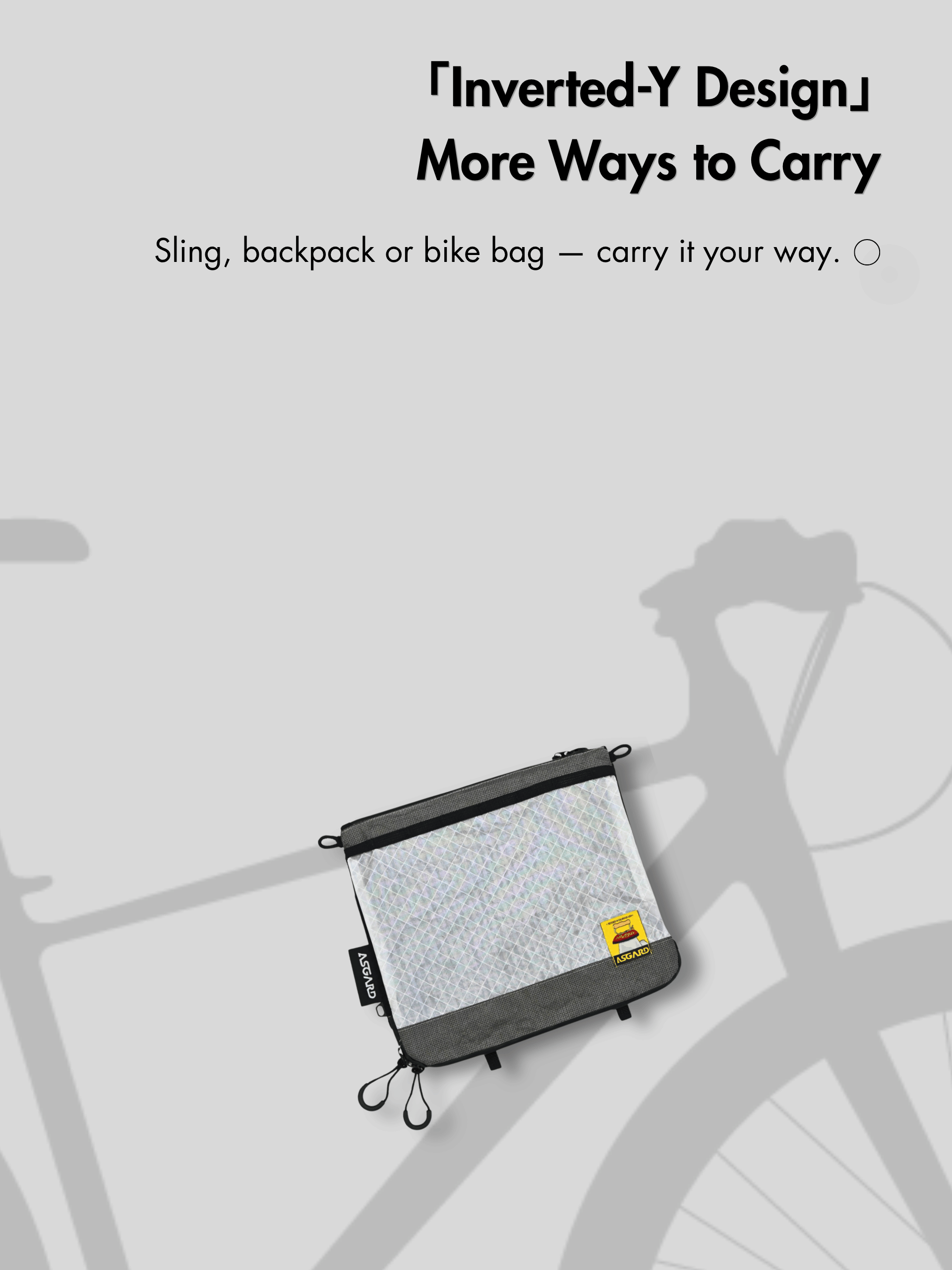 Asgard Versa Bag over a bicycle silhouette, with text highlighting sling, backpack and bike bag carry options.