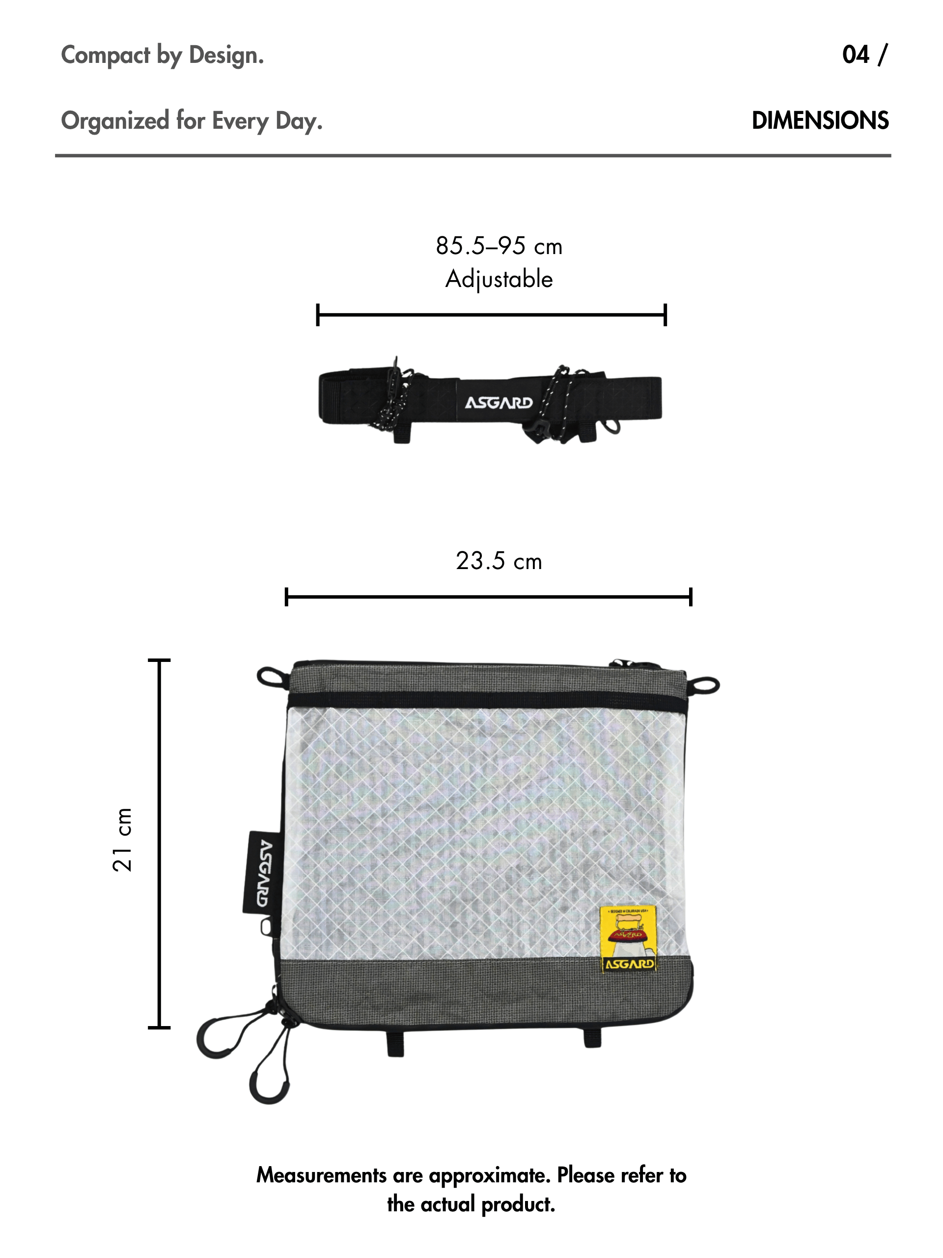 Asgard Versa Bag folded sling dimensions: approximately 23.5 cm wide by 21 cm high, with an adjustable 85.5–95 cm strap.