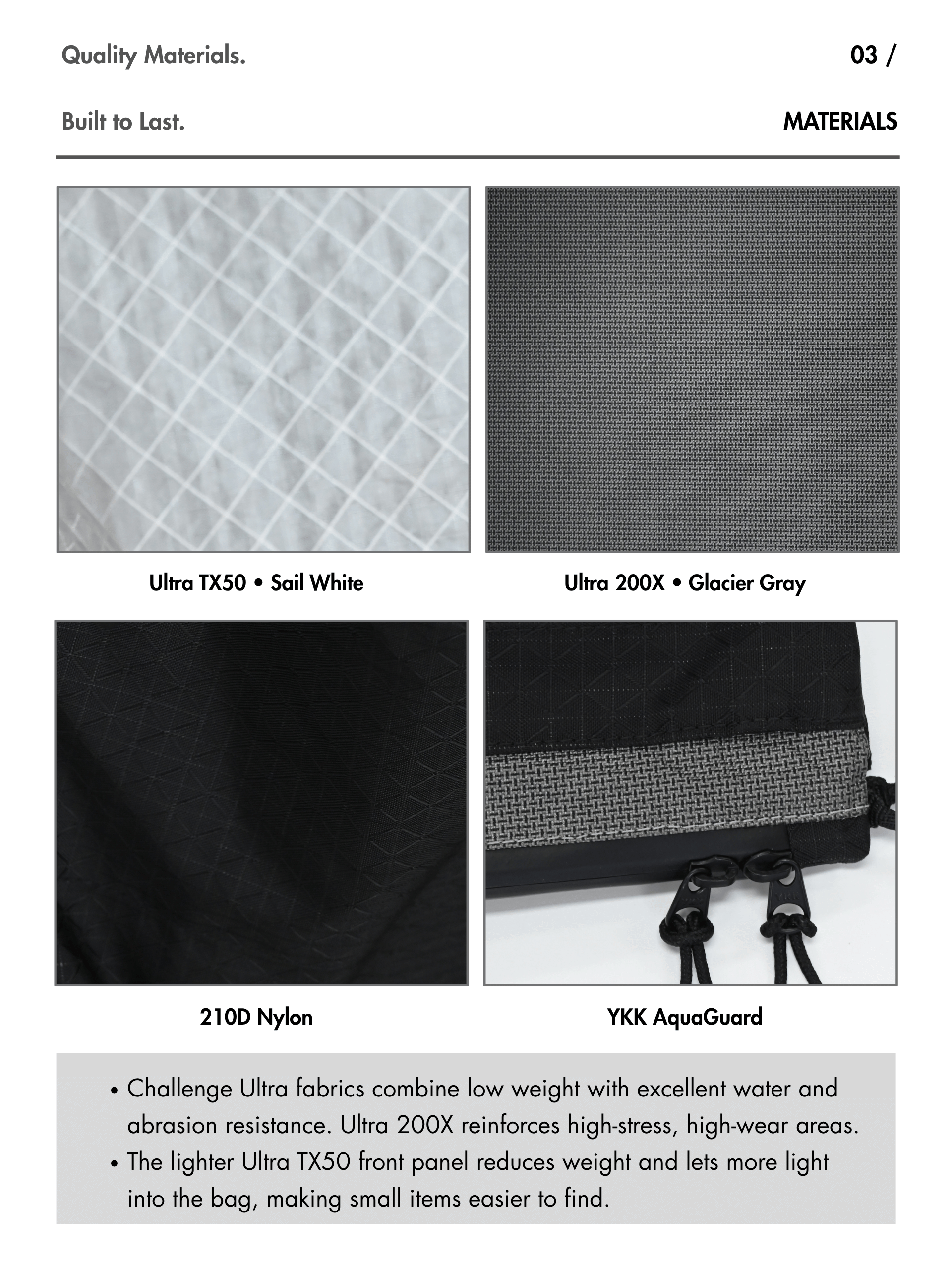 Asgard Versa Bag materials: Ultra TX50 in Sail White, Ultra 200X in Glacier Gray, 210D nylon and a YKK AquaGuard zipper.