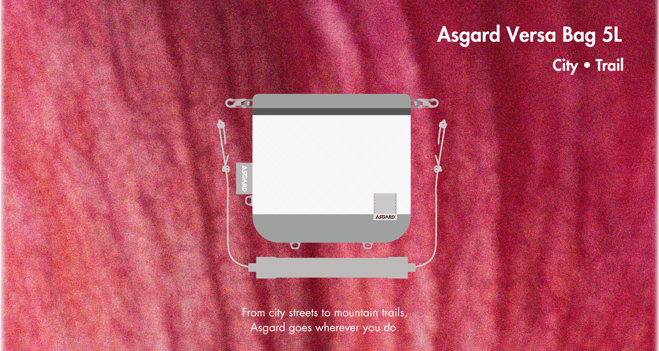 Asgard Versa Bag 5L illustrated with its shoulder strap on a red banner reading City • Trail.