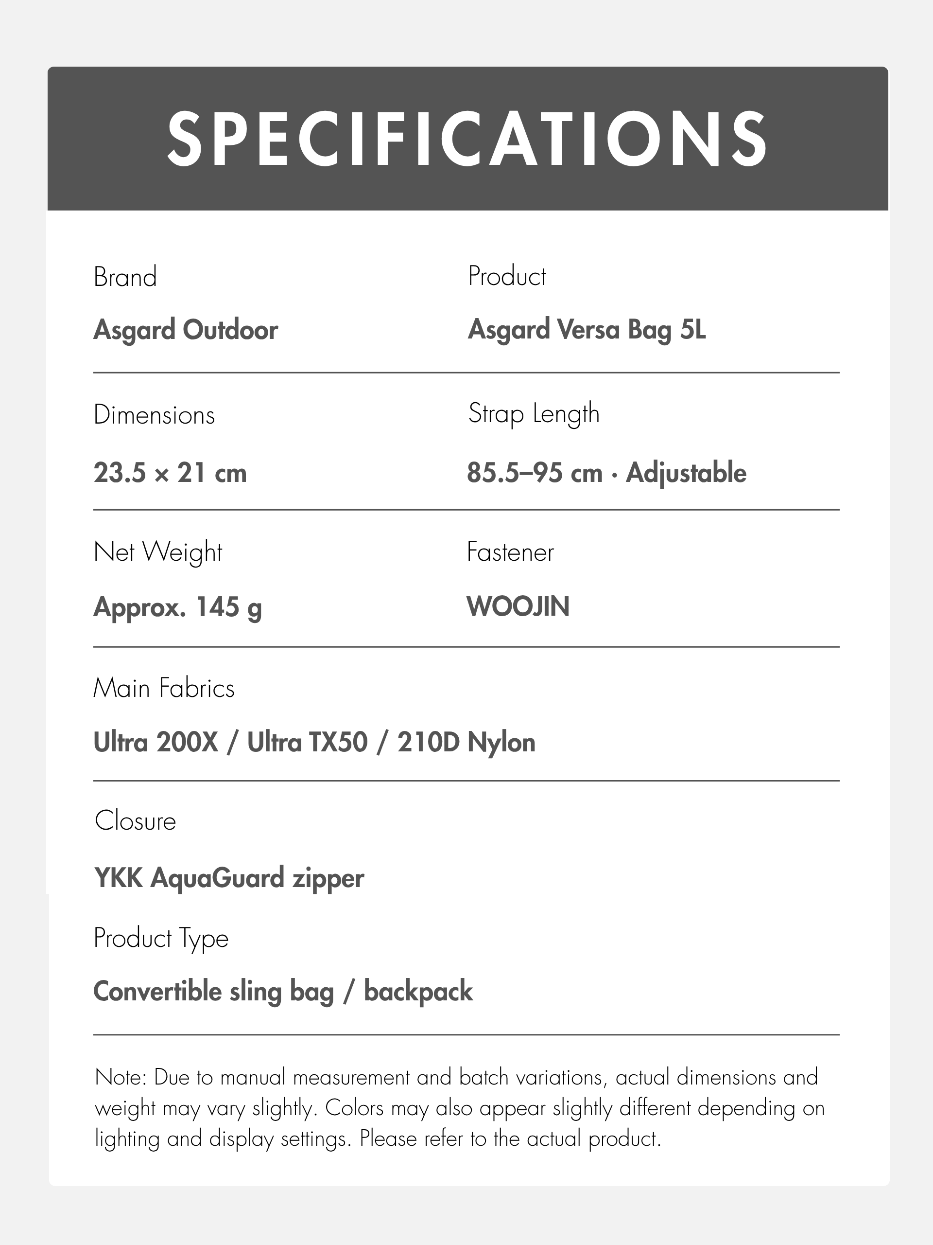 Asgard Versa Bag specifications: folded sling dimensions 23.5 × 21 cm, complete weight approximately 145 g including bag, shoulder strap and all five clips, and an adjustable 85.5–95 cm strap.