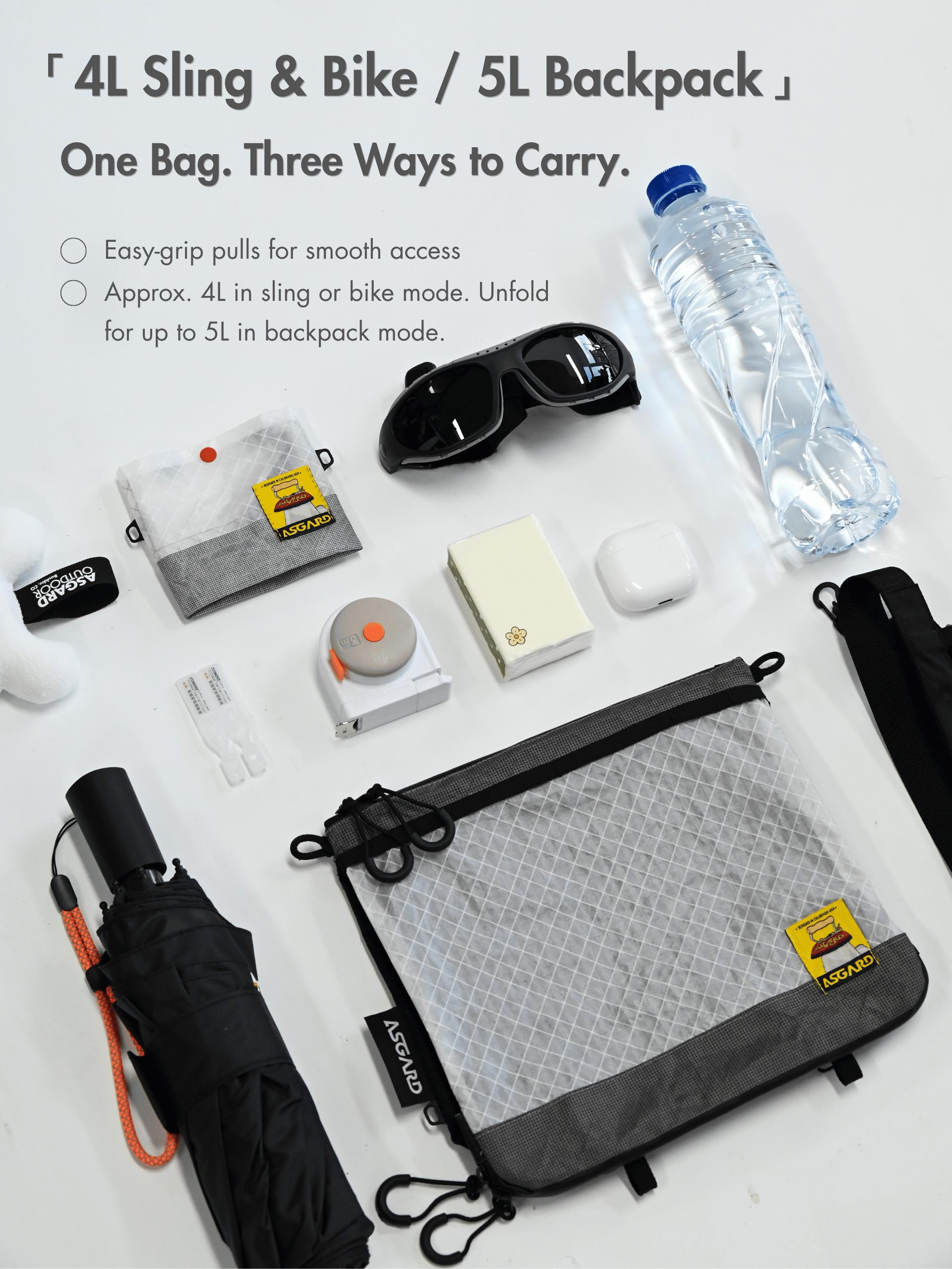 White and gray Asgard Versa Bag with everyday essentials: approximately 4L in sling or bike mode and up to 5L in backpack mode.