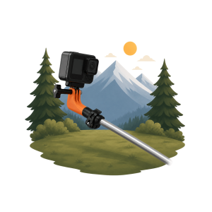 Action camera attached to an orange ASGARD VersaMount Lite trekking-pole mount in an alpine meadow