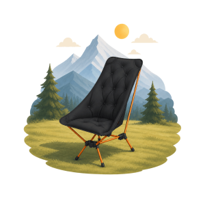 Black ASGARD Stratus One camping chair with an orange frame in a mountain meadow