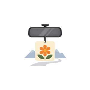Floral car air freshener hanging from a rearview mirror