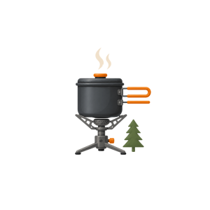 Black camping cook pot with orange folding handles on a portable stove