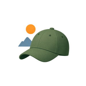 Green outdoor baseball cap with mountain and sun illustration