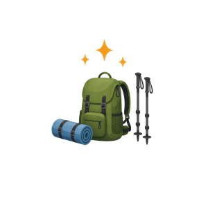 Green hiking backpack with a rolled sleeping pad and two trekking poles