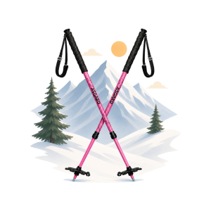 Two crossed pink ASGARD Ridge ski poles on a snowy alpine slope