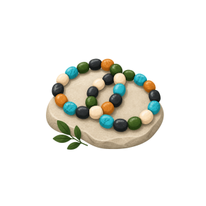 Three colorful trail-stone bead bracelets arranged on a natural stone