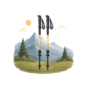 Two yellow ASGARD Hydrogen Poles with black grips in an alpine meadow
