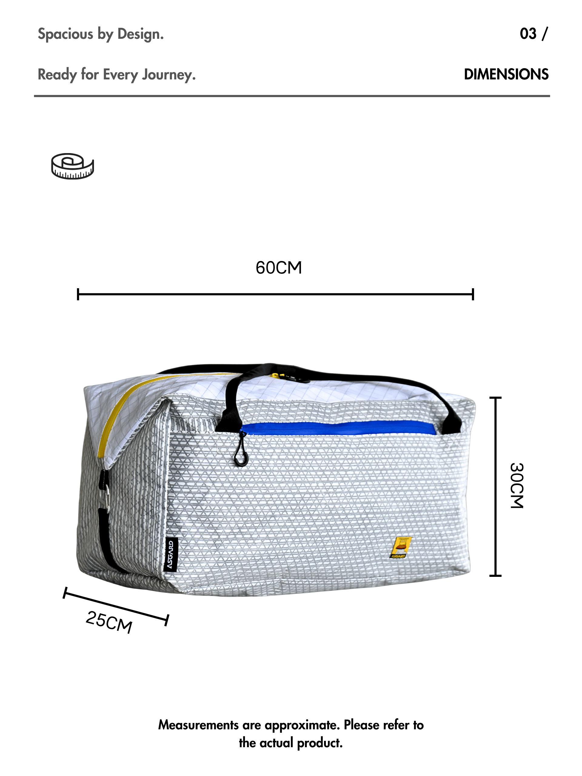 Asgard Duffel Bag dimension diagram: approximately 60 cm long, 25 cm wide and 30 cm high.
