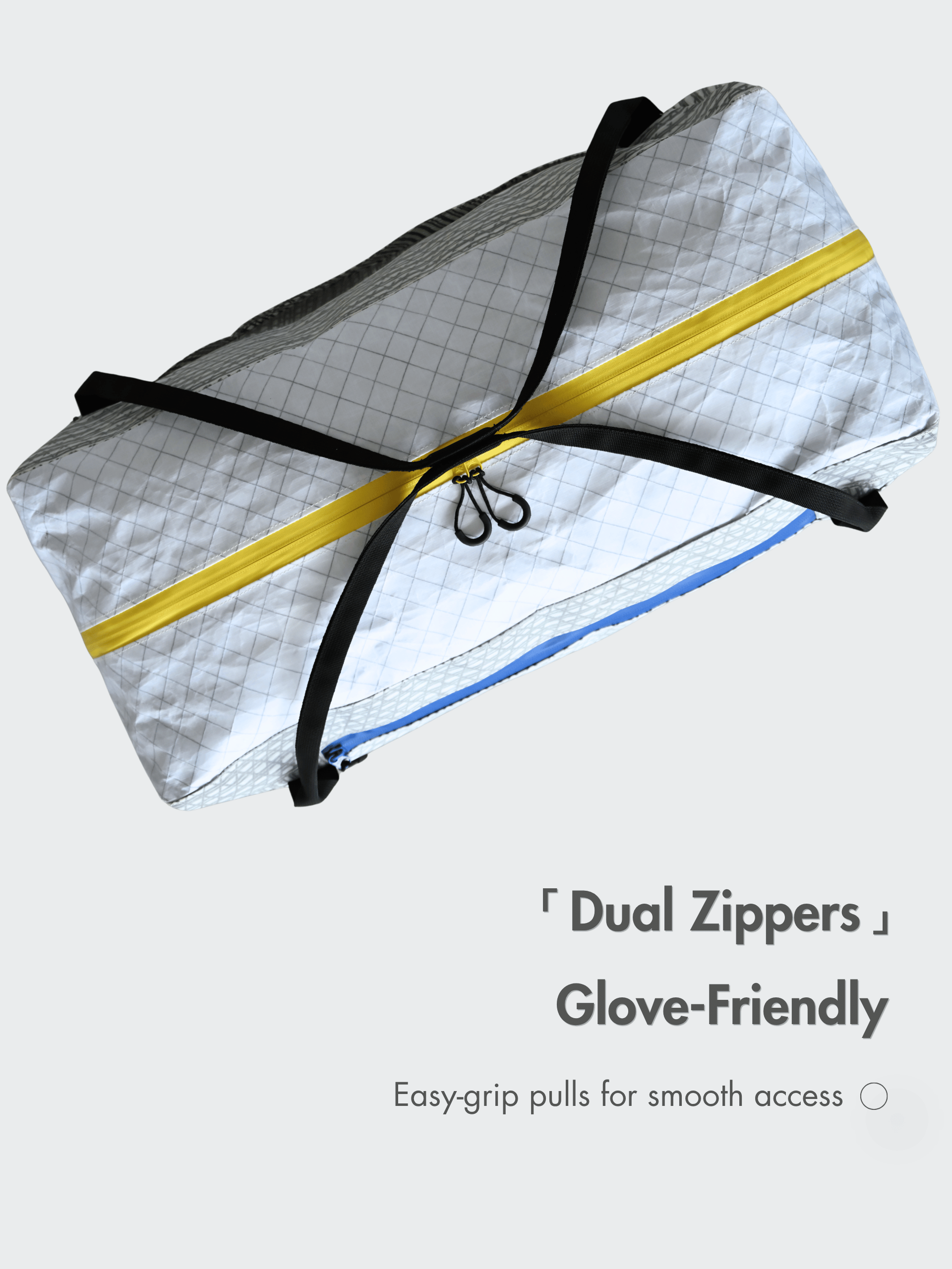 Angled top view of the Asgard Duffel Bag showing a yellow dual zipper with large black loop pulls for use with gloves.