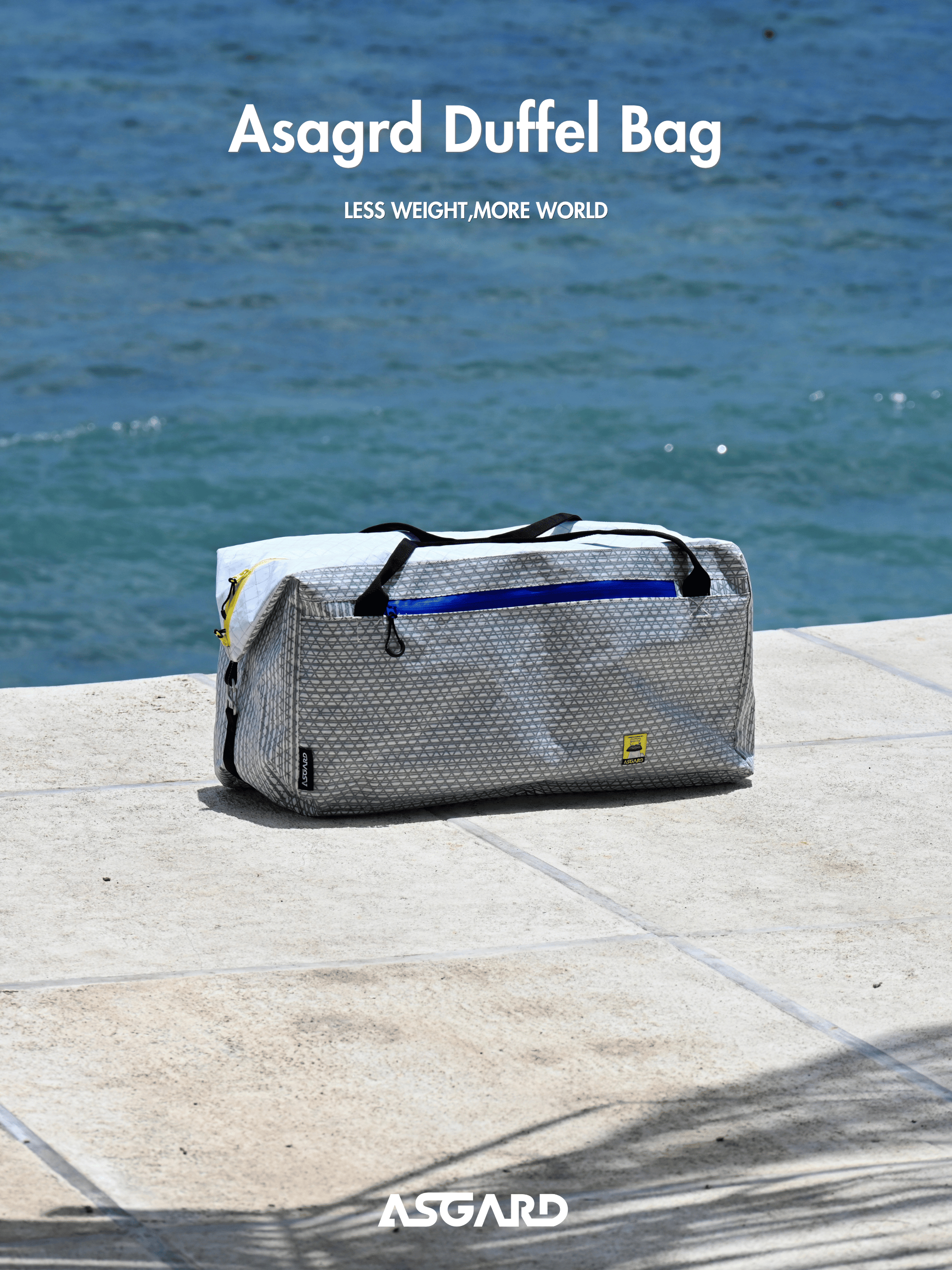 Asgard Duffel Bag on a sunlit waterfront promenade beneath the slogan “Less Weight, More World.”