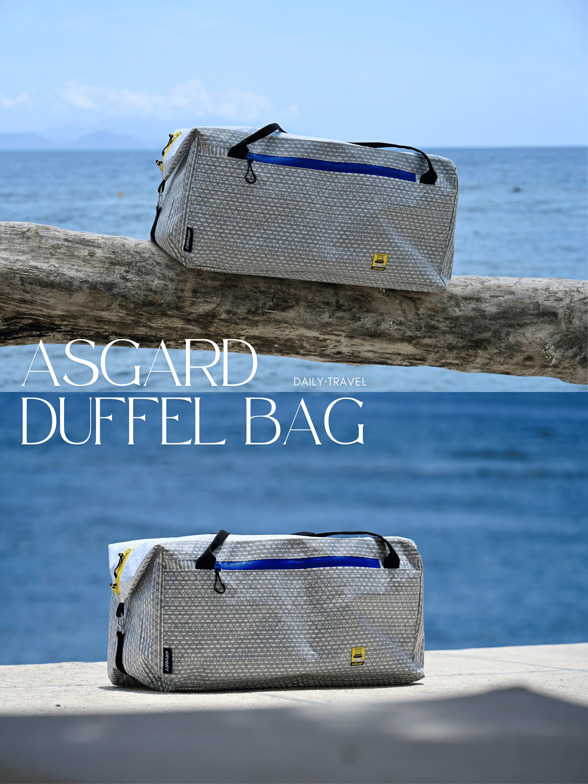 Two seaside views of the Asgard Duffel Bag on a stone wall and waterfront promenade with blue water behind it.