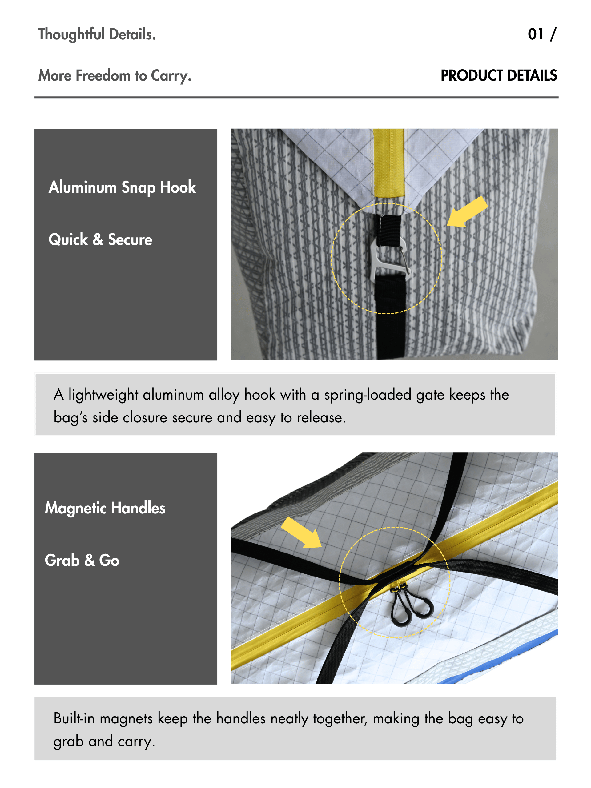 Close-ups of the Asgard Duffel Bag aluminum side snap hook and magnetic carry handles, highlighted with yellow arrows.
