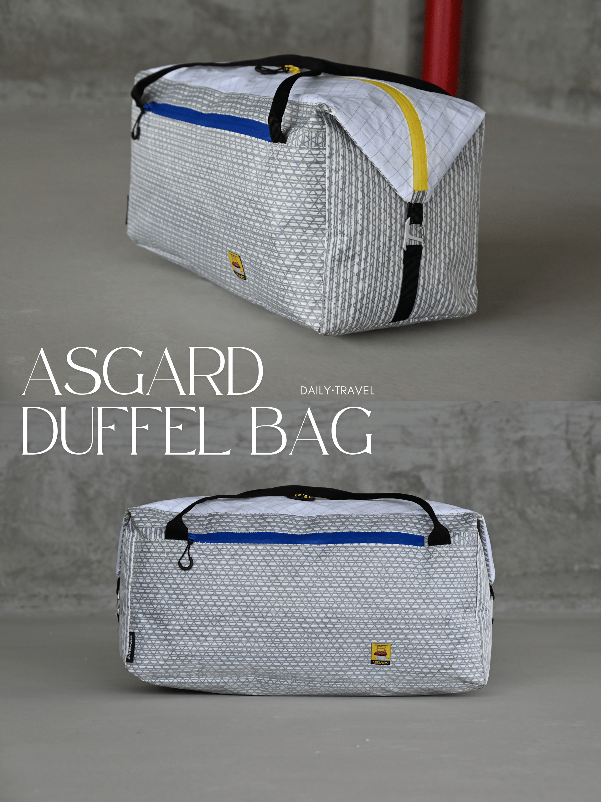 Two views of the Asgard Duffel Bag in a gray interior, showing an angled side view above a front view.